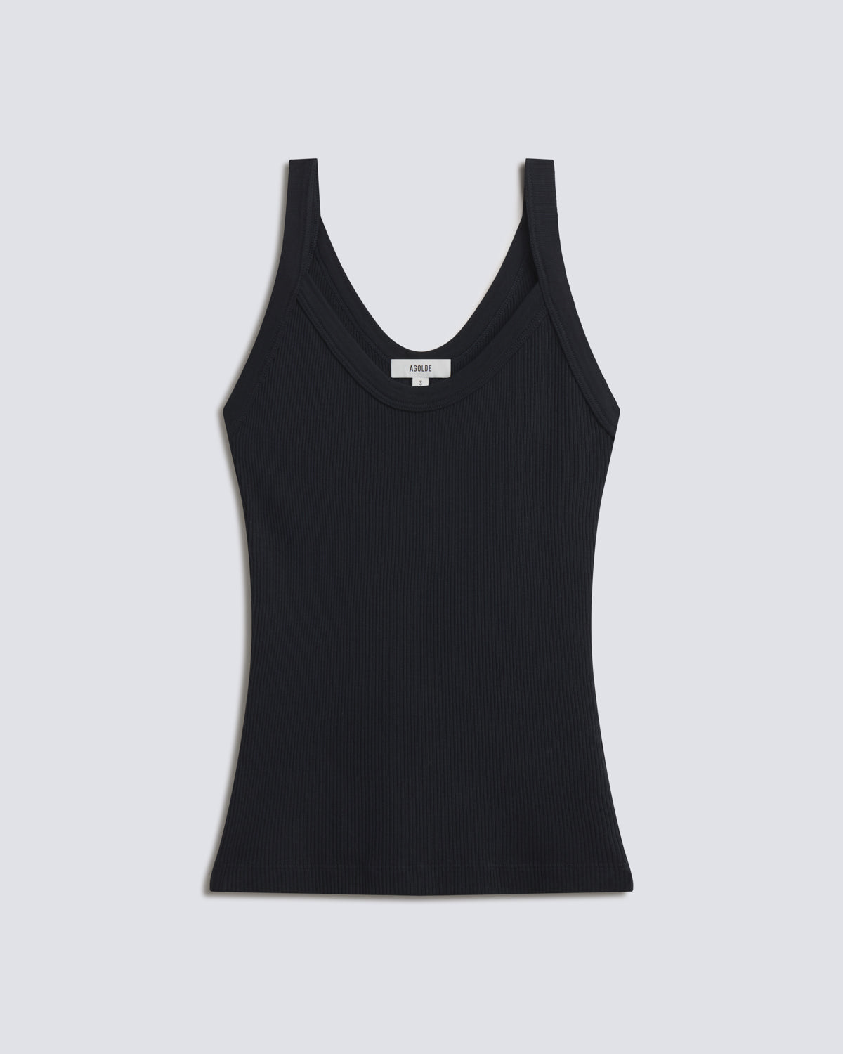 A black ribbed tank top with a wide scoop neckline, displayed flat against a light gray background.