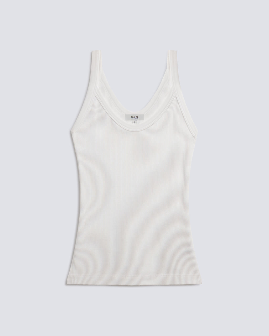 A white ribbed tank top with a scoop neckline, displayed flat against a light gray background.