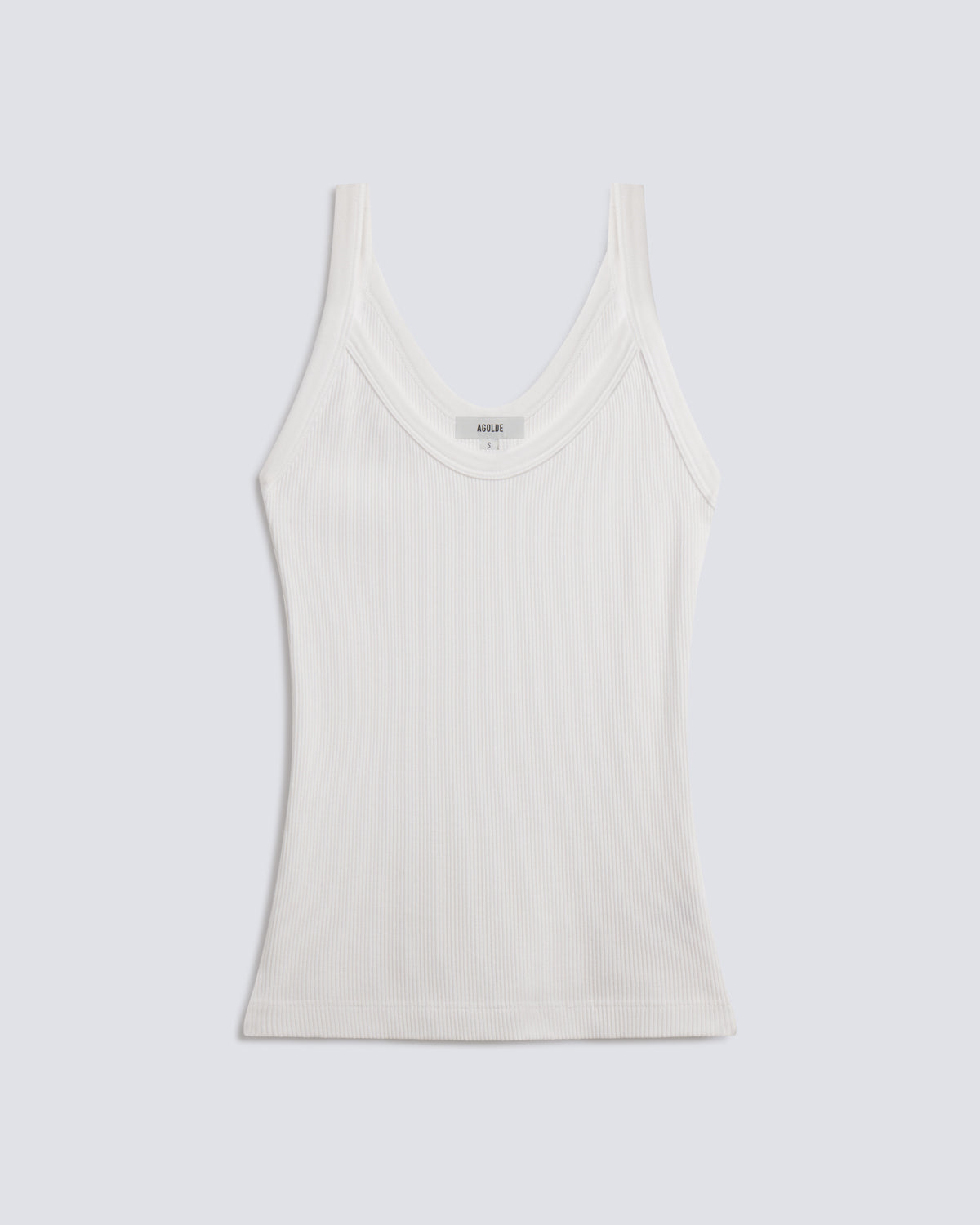 A white ribbed tank top with a scoop neckline, displayed flat against a light gray background.