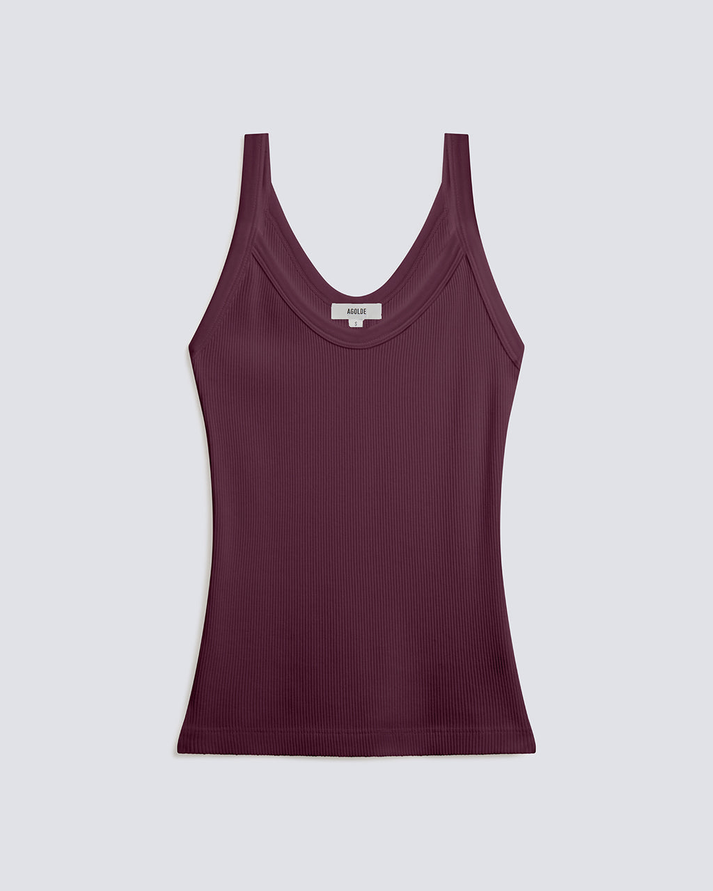 A ribbed tank top in a deep burgundy color, displayed flat against a light gray background.