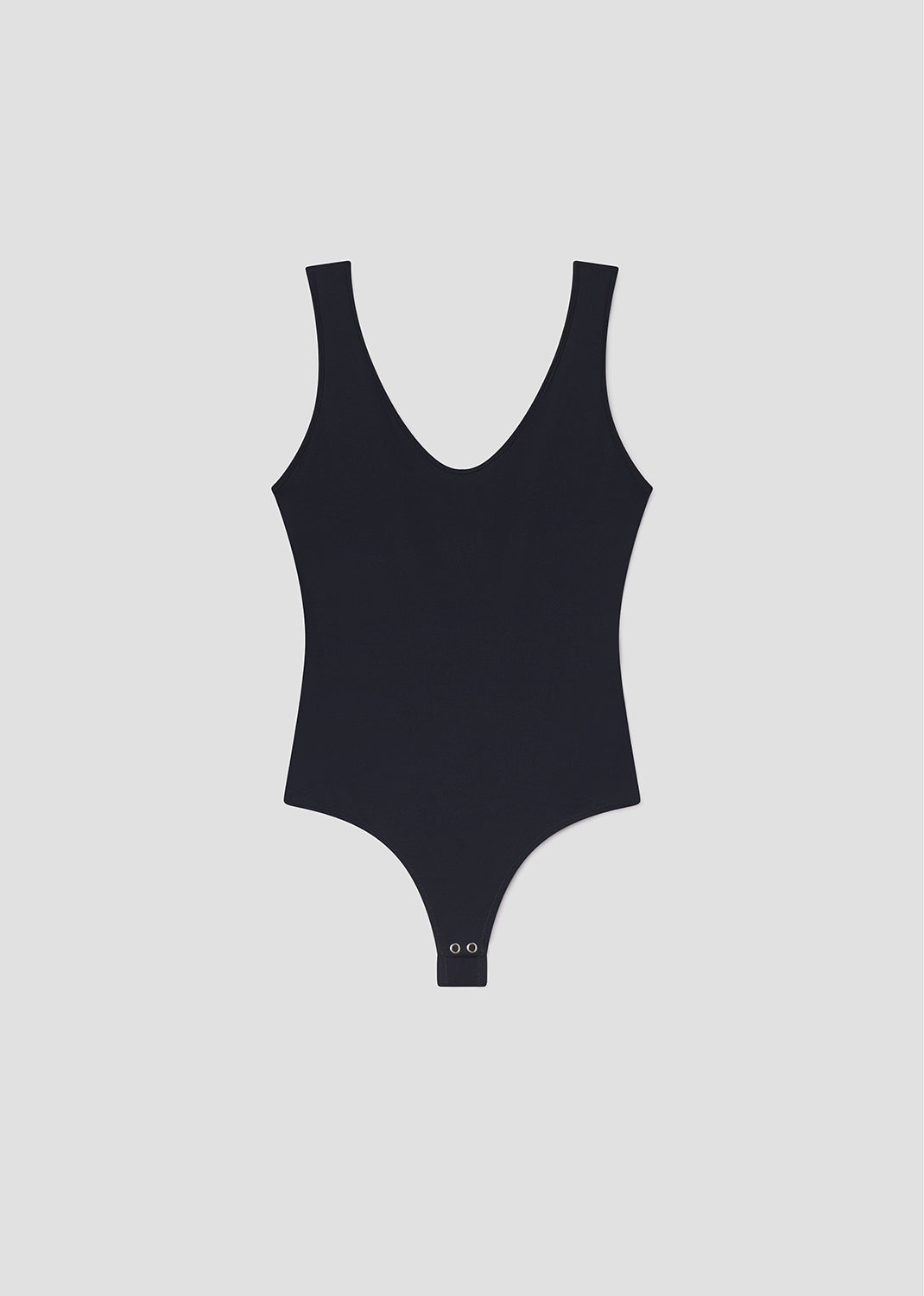 Navy blue bodysuit on a light gray background