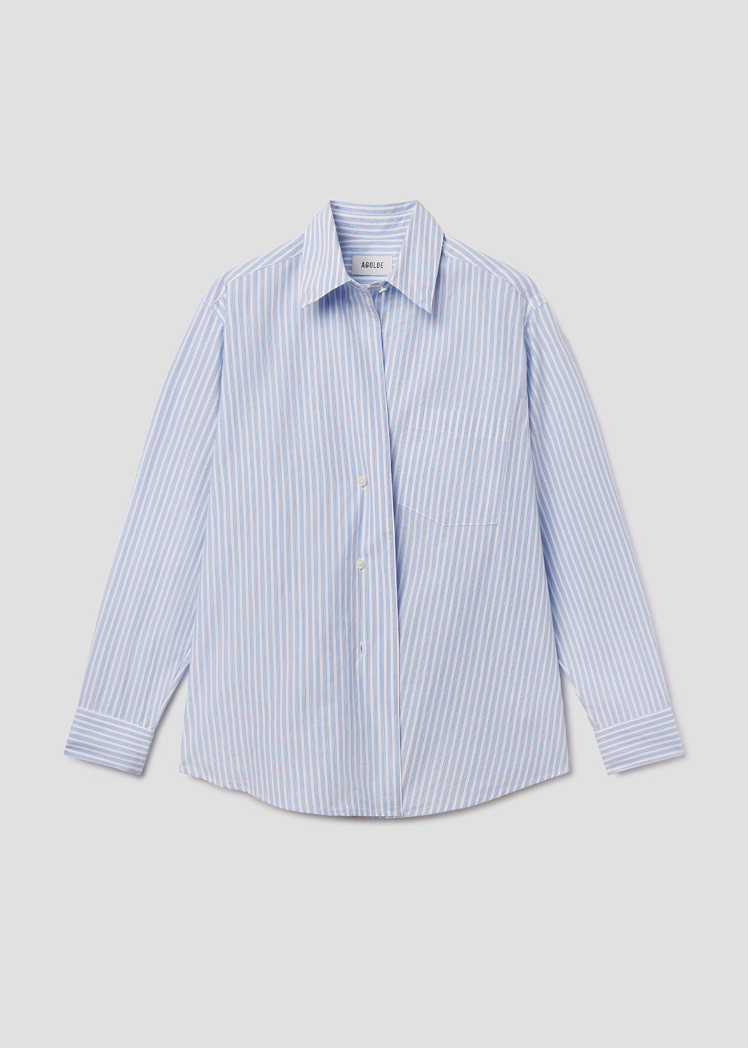 Light blue striped shirt on a light gray background