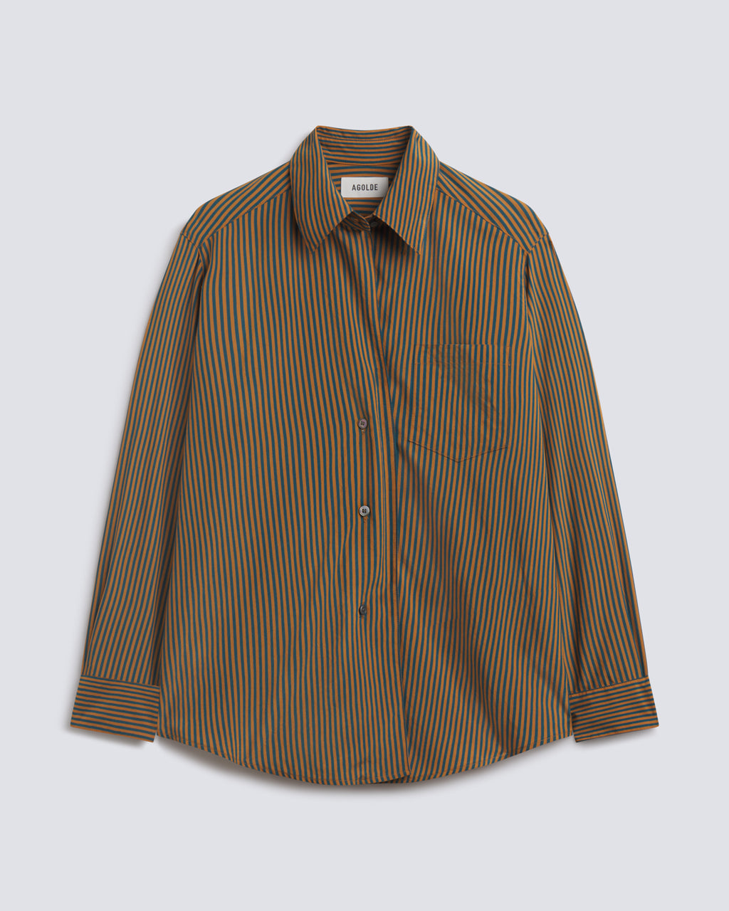 A long-sleeve button-up shirt with a brown base and thin vertical stripes in orange and blue, featuring a classic collar and chest pocket, shown against a light gray background.