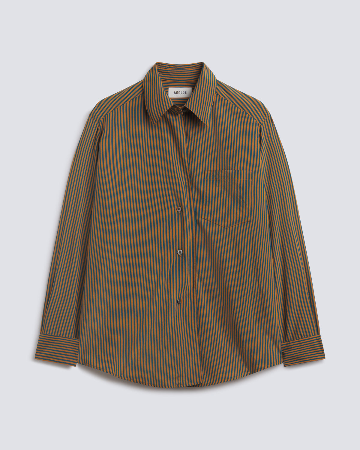 A long-sleeve button-up shirt with a brown base and thin vertical stripes in orange and blue, featuring a classic collar and chest pocket, shown against a light gray background.