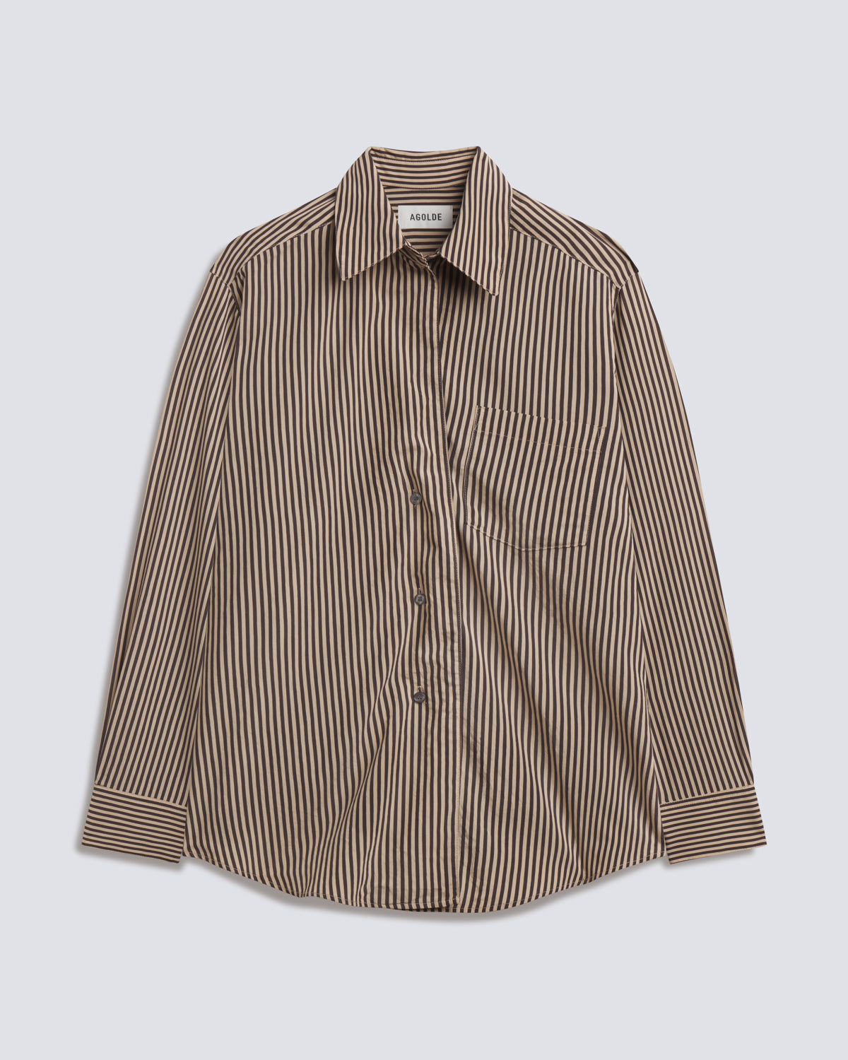 A brown and beige vertically striped button-down shirt with a pointed collar and long sleeves, laid flat against a light gray background.