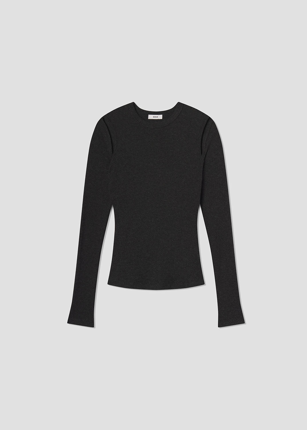 Black long-sleeve shirt on a light gray background