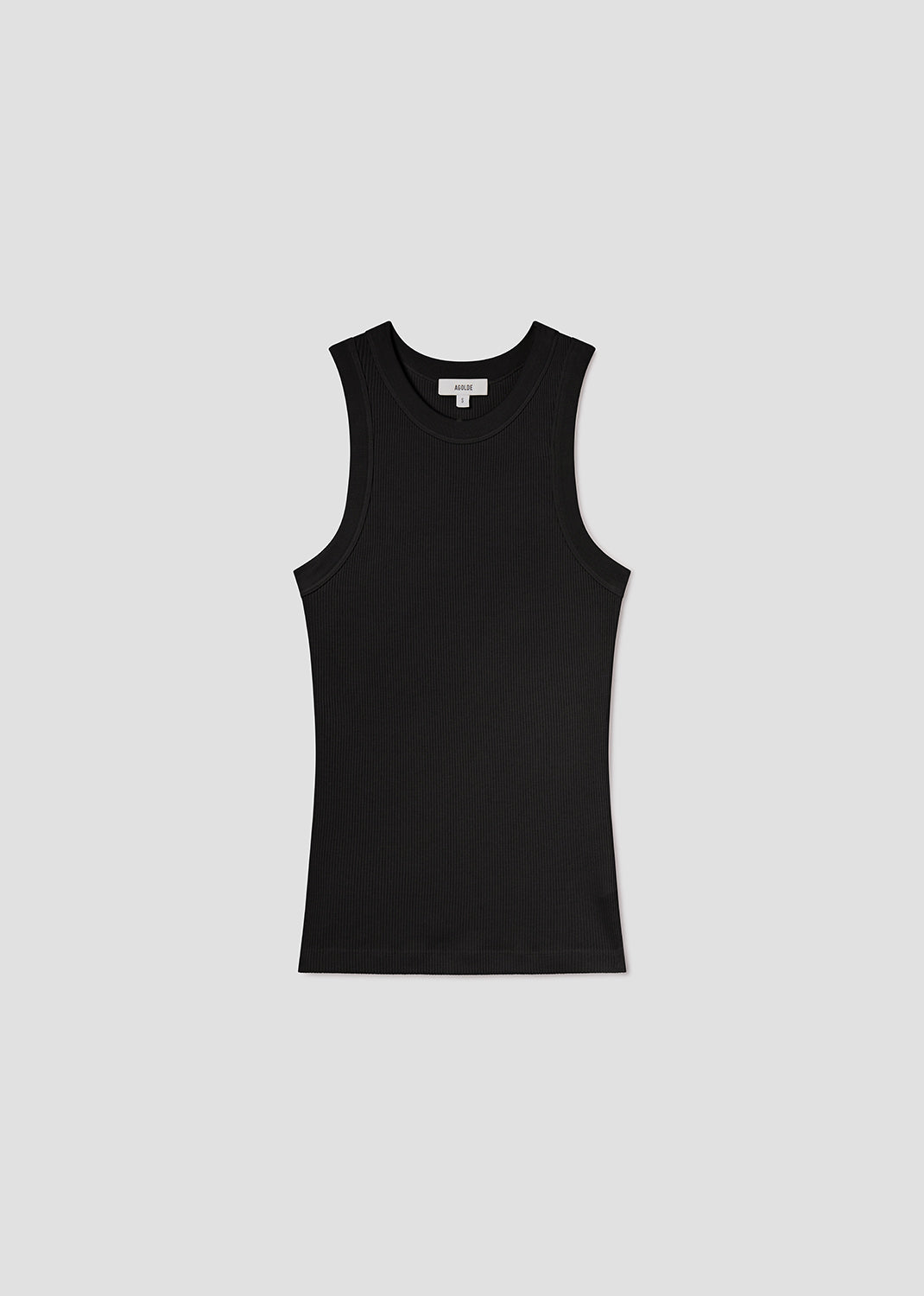 Black sleeveless top on a light gray background