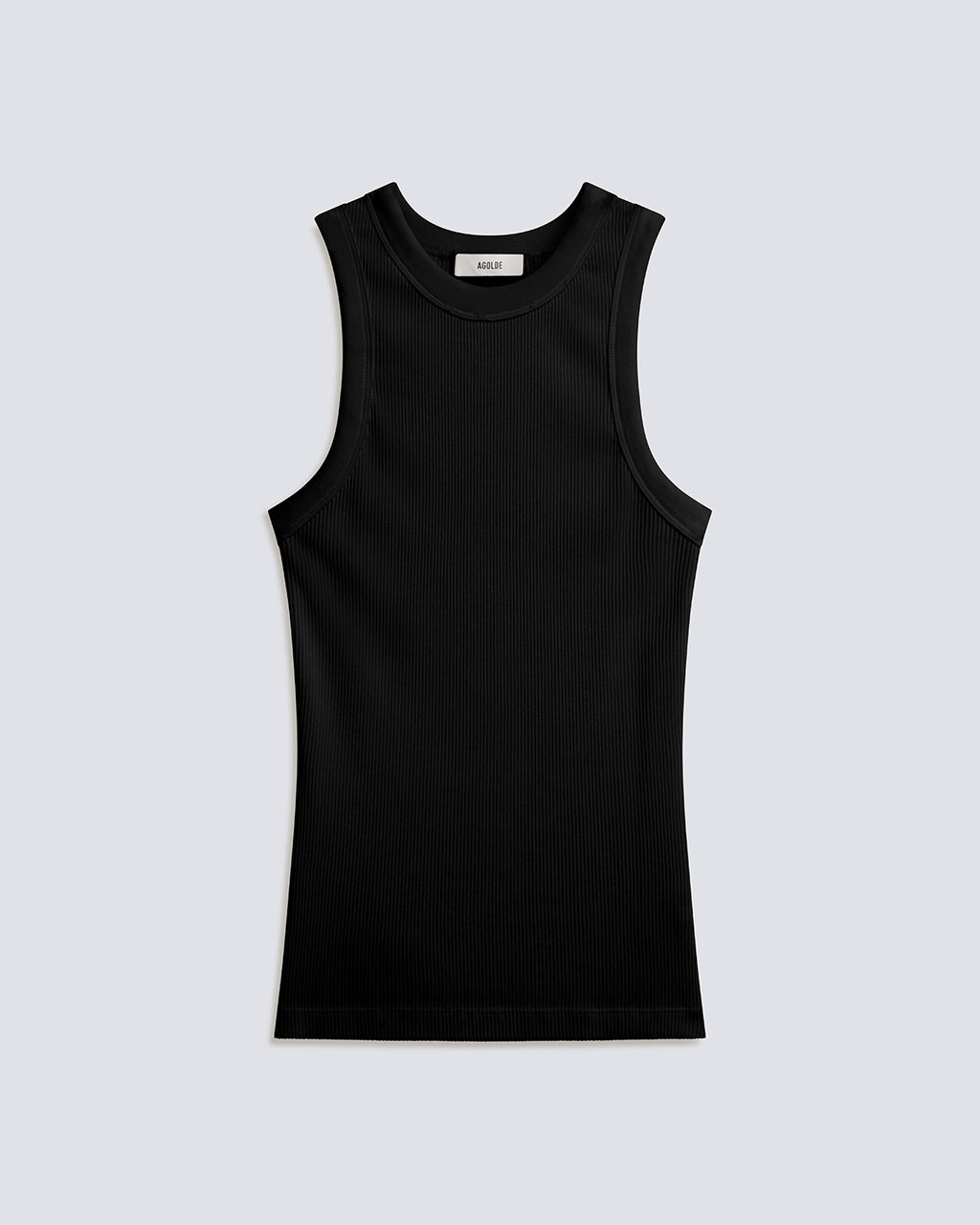 A black sleeveless ribbed tank top with a crew neck, displayed flat against a light gray background.