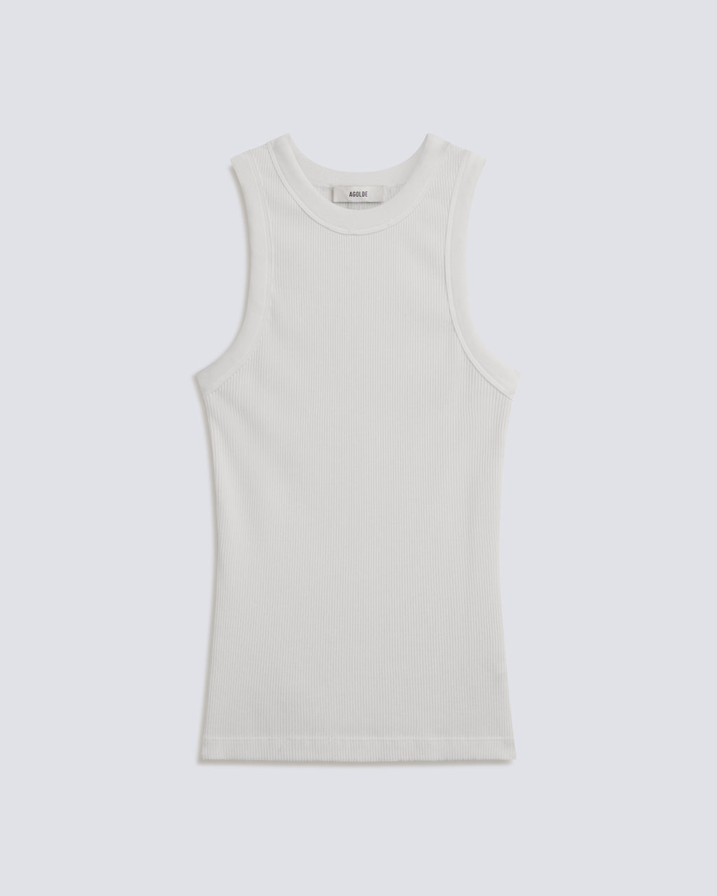A sleeveless white ribbed tank top with a crew neck, displayed flat against a light gray background.