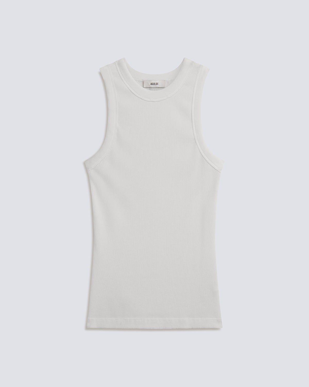 A sleeveless white ribbed tank top with a crew neck, displayed flat against a light gray background.