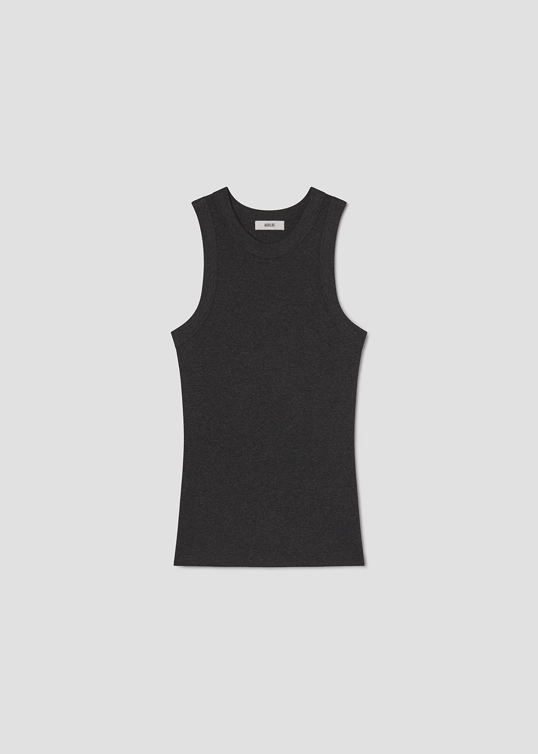 Black sleeveless top on a light gray background
