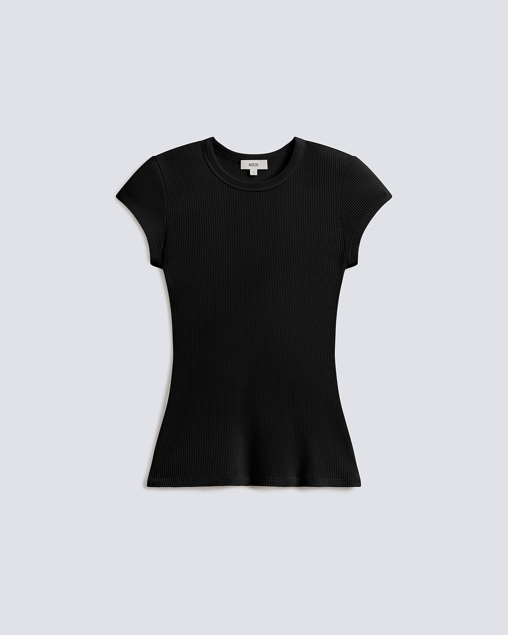 A black short-sleeve crewneck top with a fitted silhouette, displayed flat against a light gray background.