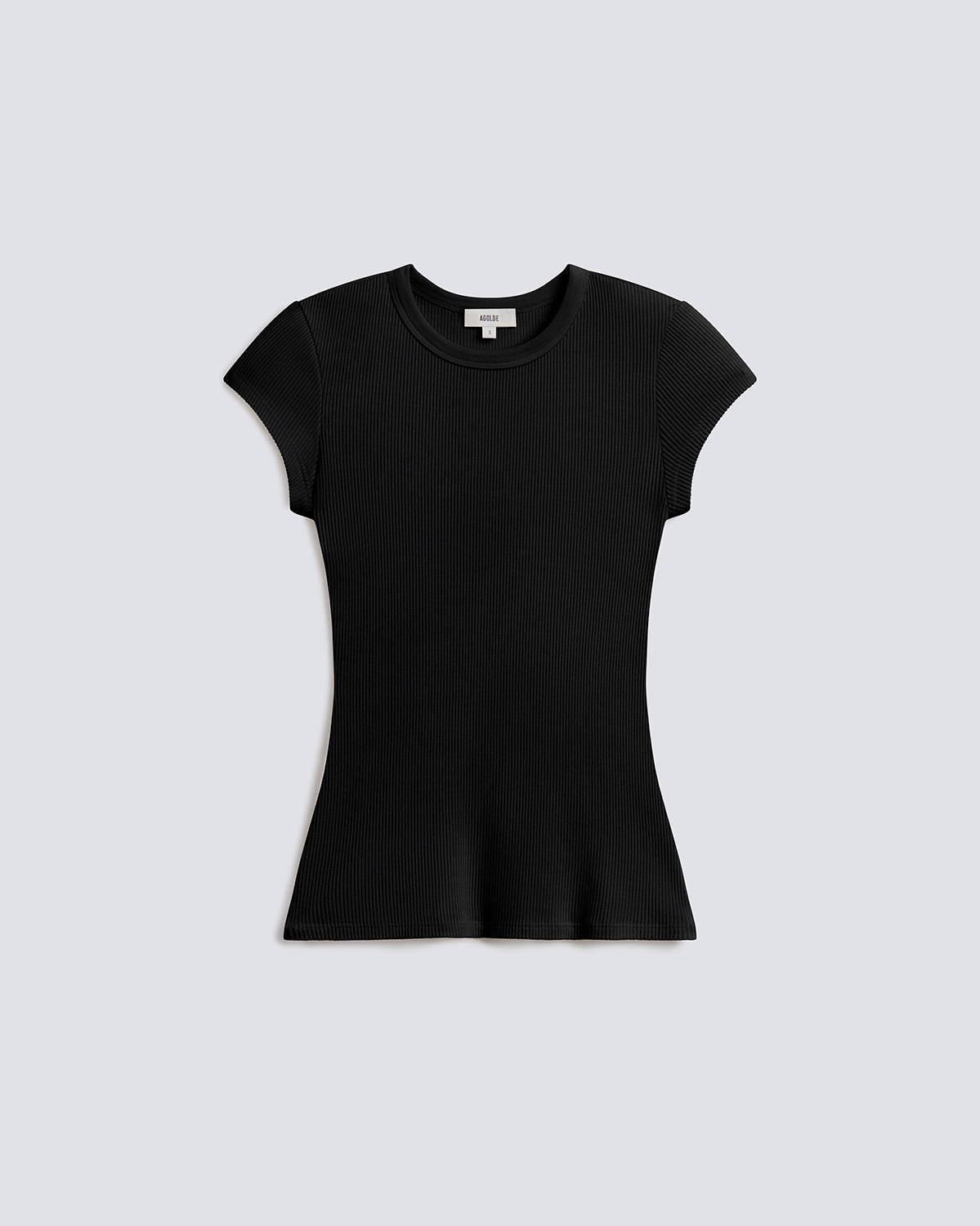 A black short-sleeve crewneck top with a fitted silhouette, displayed flat against a light gray background.