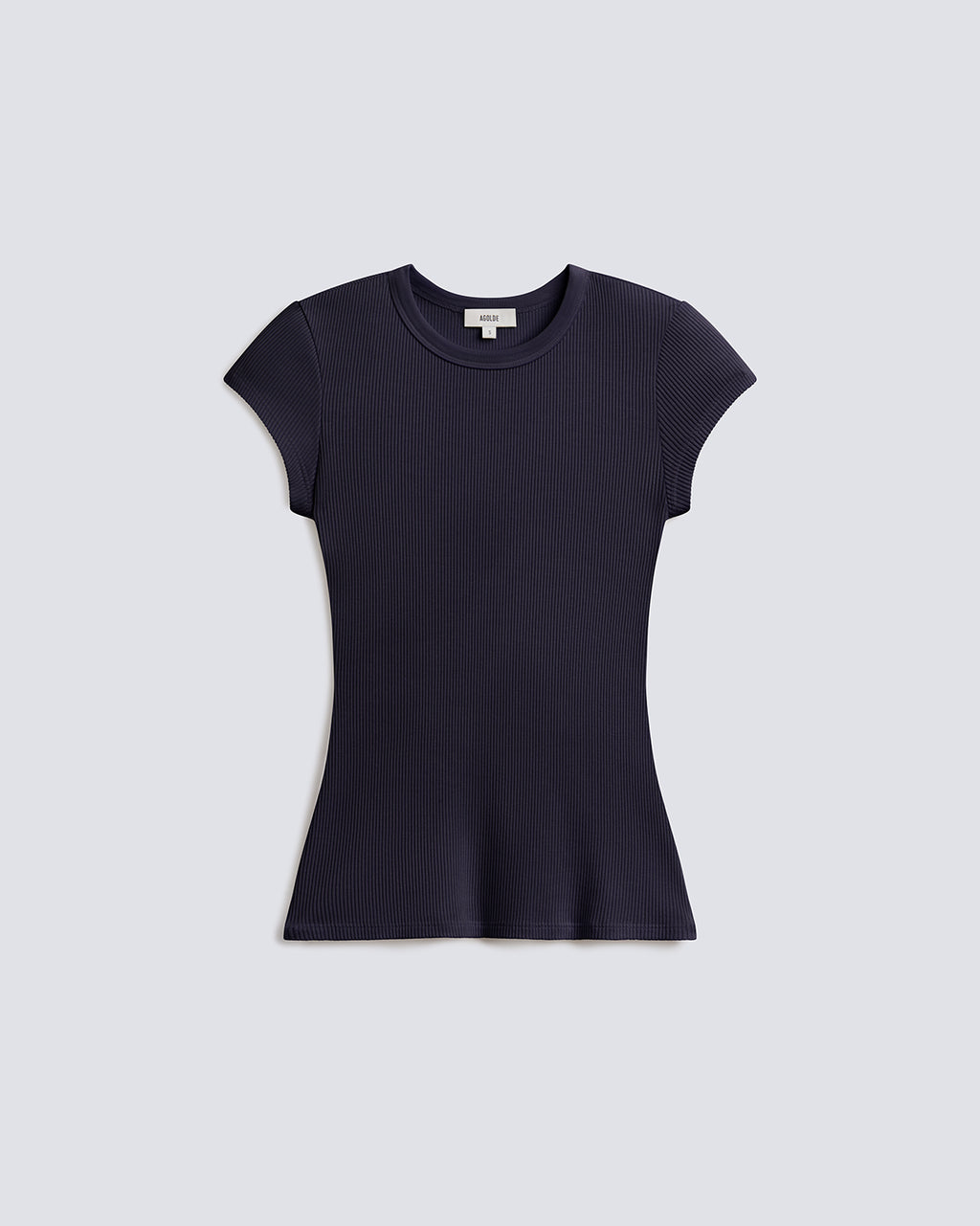 A dark navy blue short-sleeve crewneck top with a fitted silhouette, displayed flat against a light gray background.