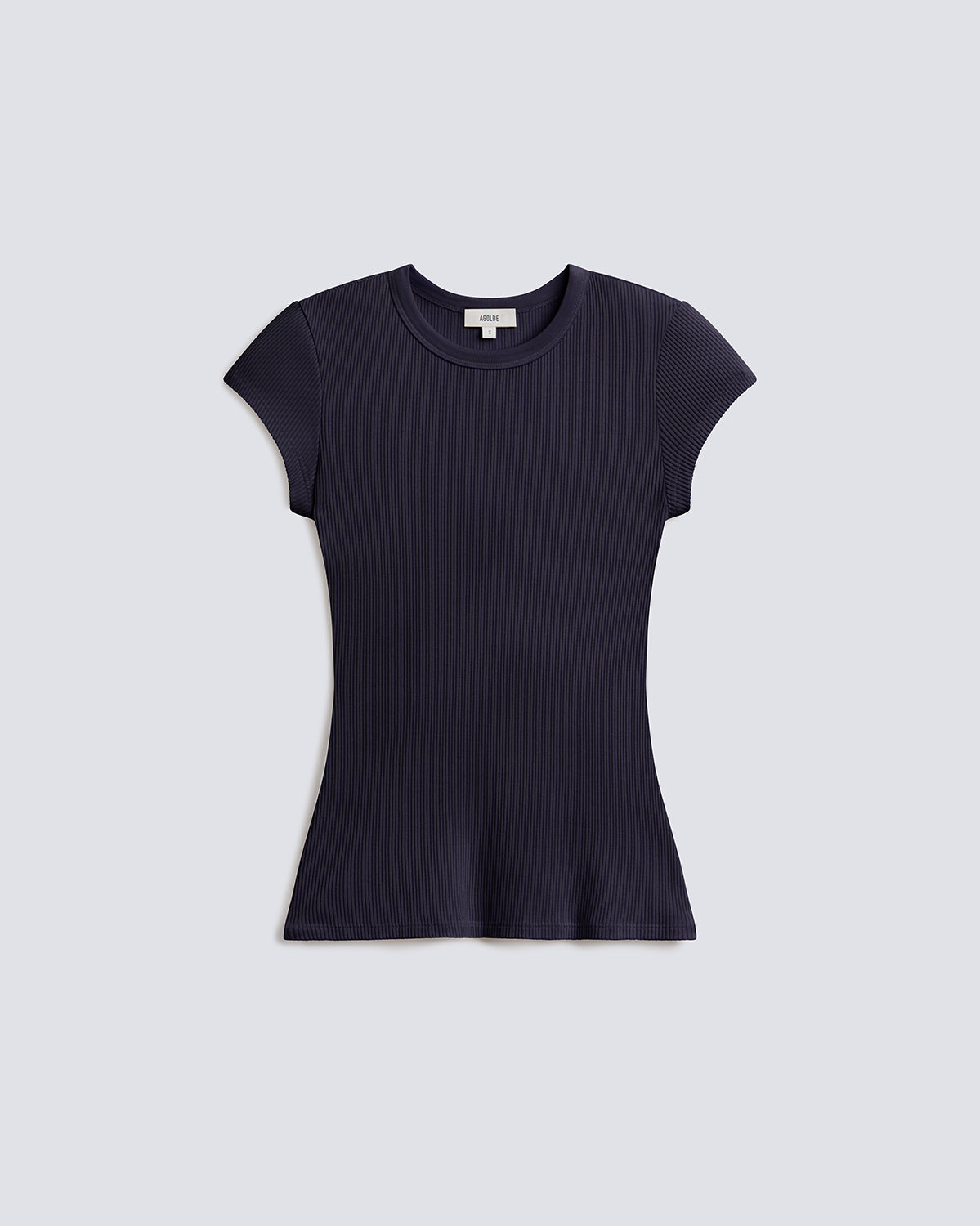 A dark navy blue short-sleeve crewneck top with a fitted silhouette, displayed flat against a light gray background.