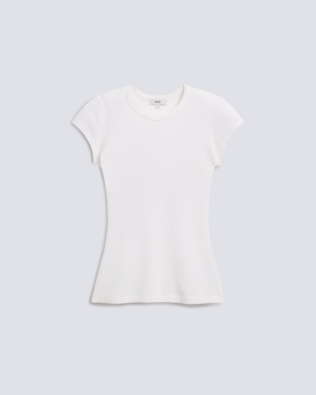 A white short-sleeve crewneck t-shirt displayed flat against a light gray background.