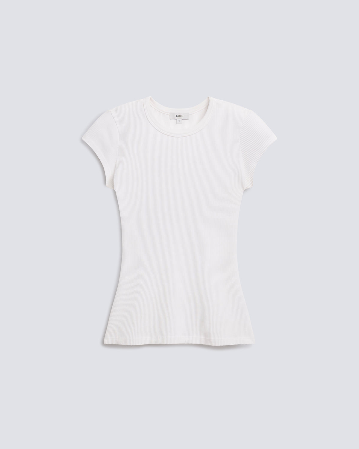 A white short-sleeve crewneck t-shirt displayed flat against a light gray background.