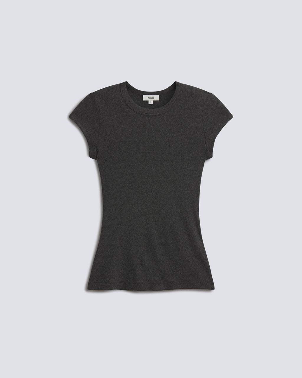 A dark charcoal gray short-sleeve crewneck t-shirt, shown flat against a light gray background.