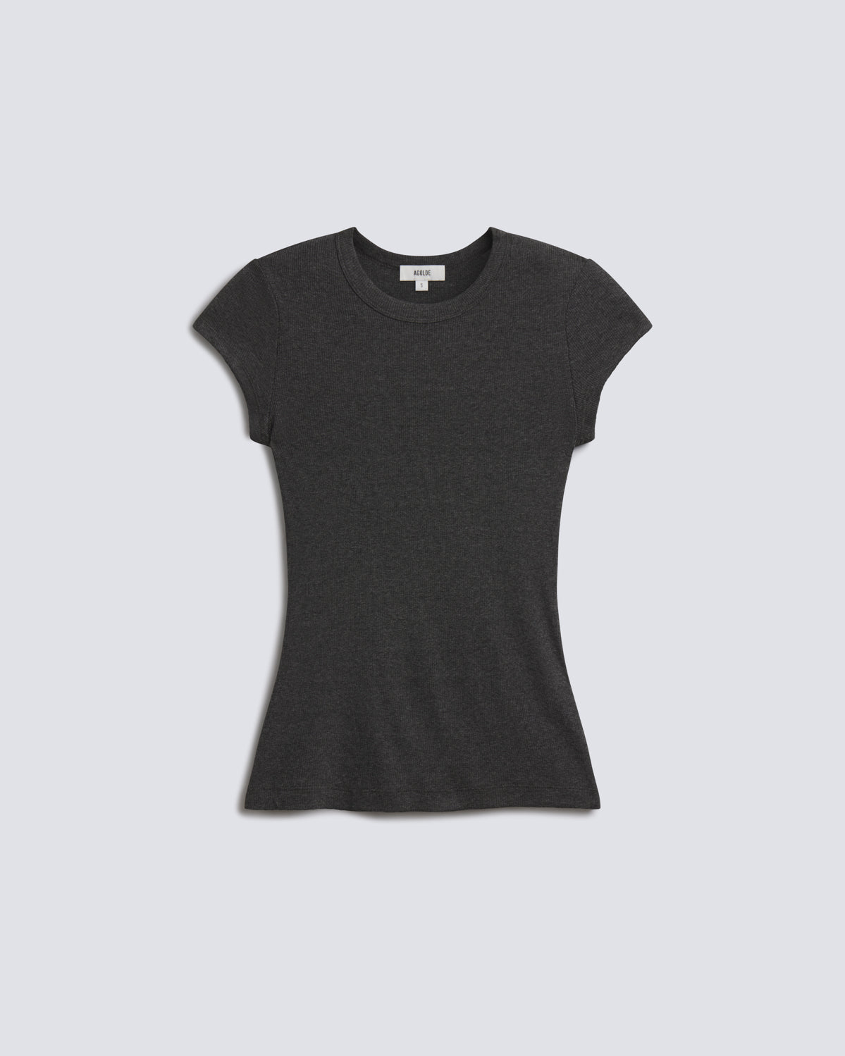 A dark charcoal gray short-sleeve crewneck t-shirt, shown flat against a light gray background.