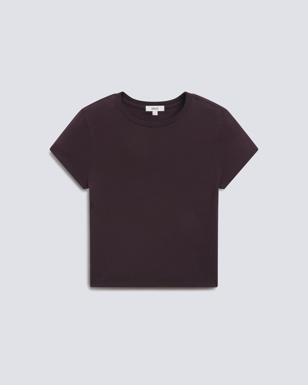 A dark plum purple short-sleeve crewneck t-shirt laid flat against a light gray background.