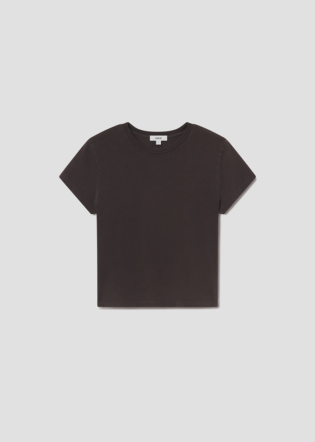 Dark brown short sleeve t-shirt on a grey background