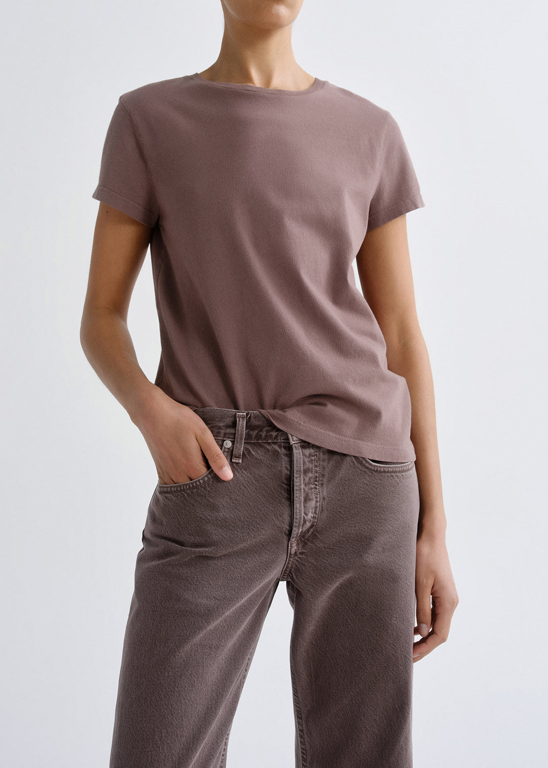 Person wearing a mauve short sleeve crewneck tee on a grey background