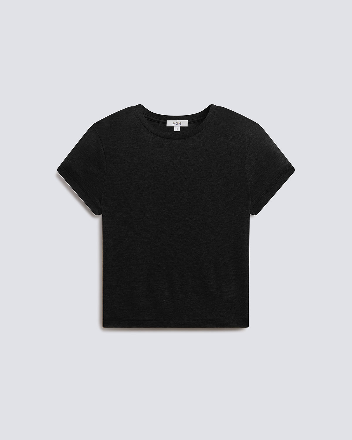 A black short-sleeve crewneck t-shirt laid flat against a light gray background.