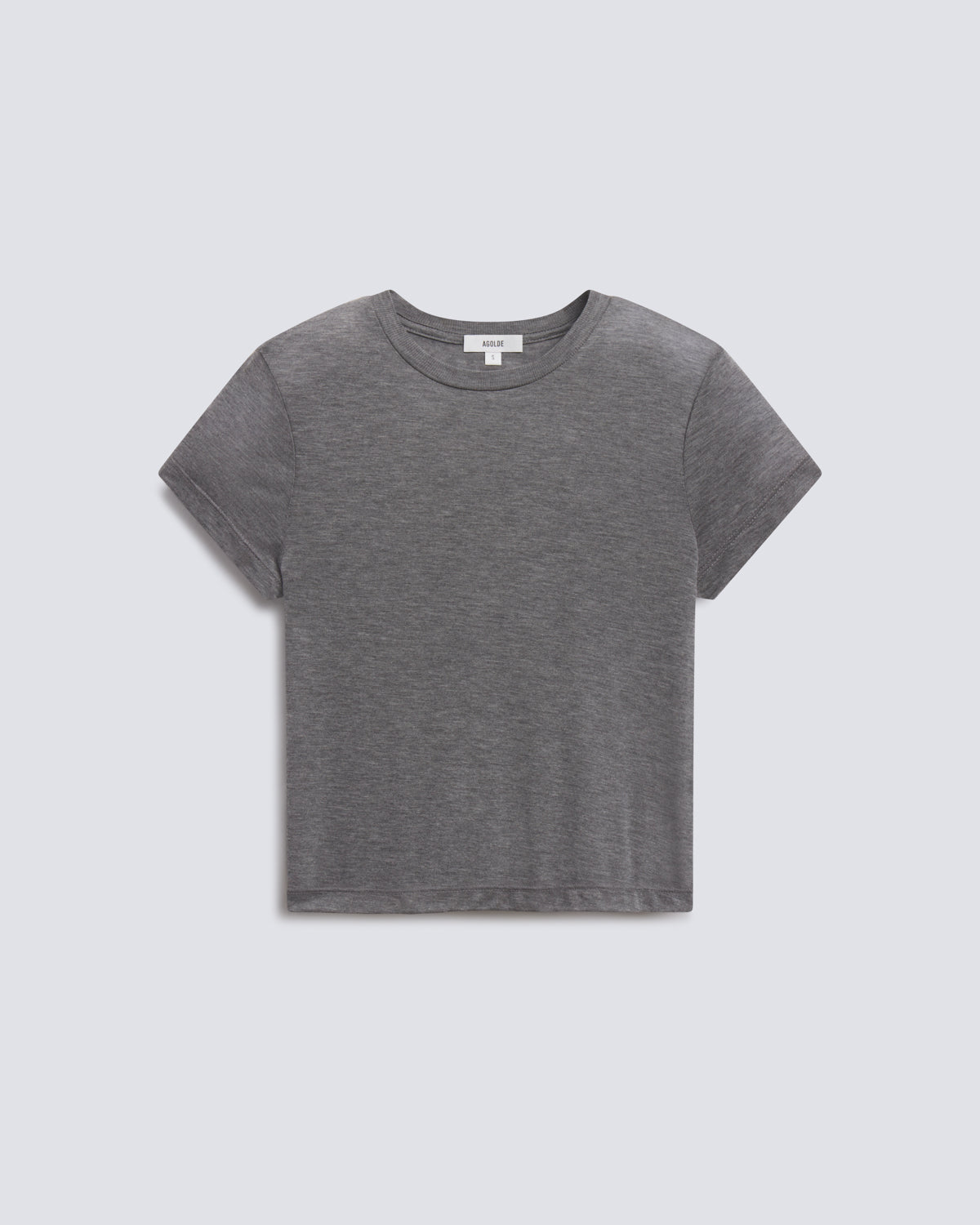 A dark gray short-sleeve crewneck t-shirt with a relaxed fit, laid flat against a light gray background.