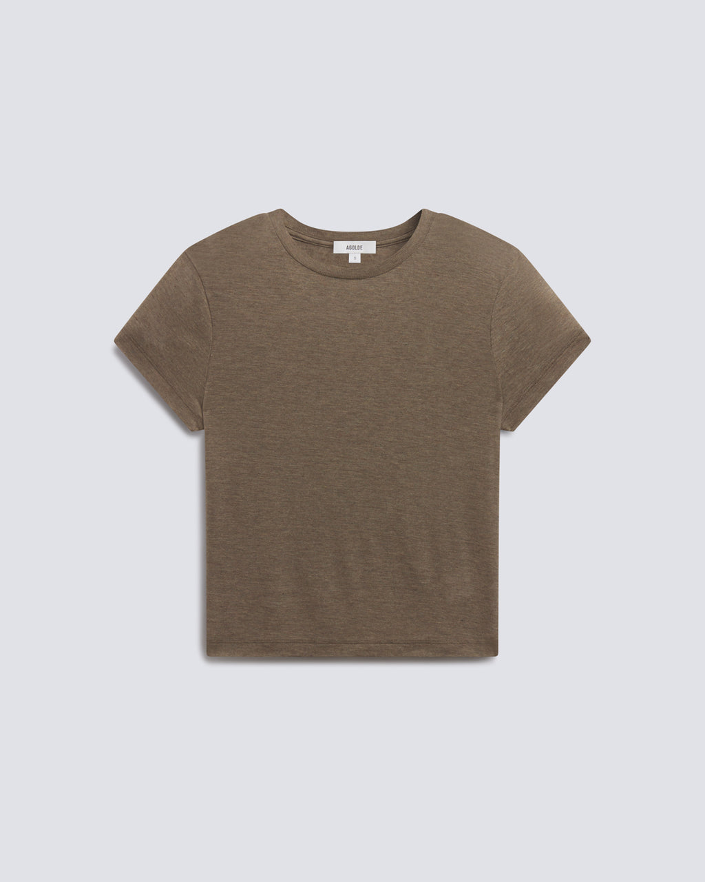 A short-sleeve crewneck t-shirt in a heathered brownish-gray color, presented flat against a light gray background.