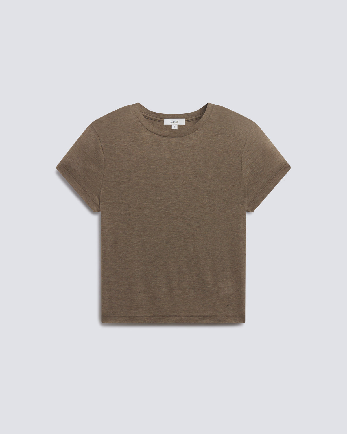A short-sleeve crewneck t-shirt in a heathered brownish-gray color, presented flat against a light gray background.