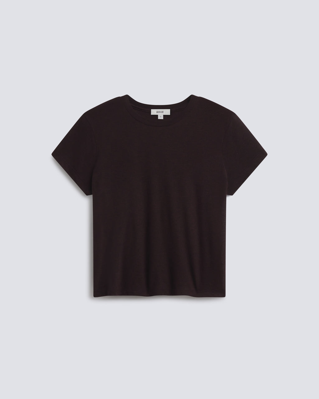 A dark brown short-sleeve crop top t-shirt with a crew neck, laid flat against a light gray background.