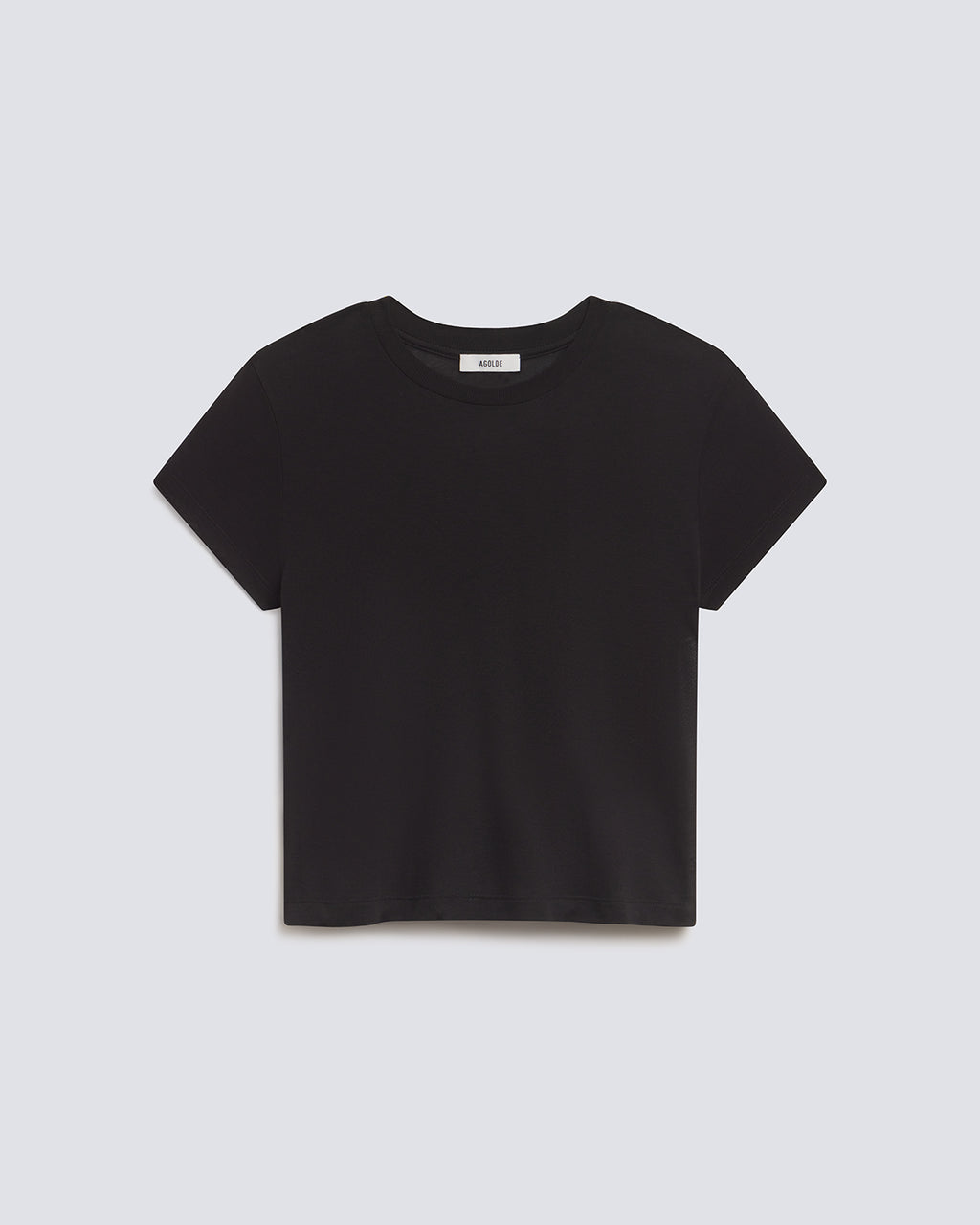 A black short-sleeve cropped t-shirt with a crew neck, laid flat against a light gray background.