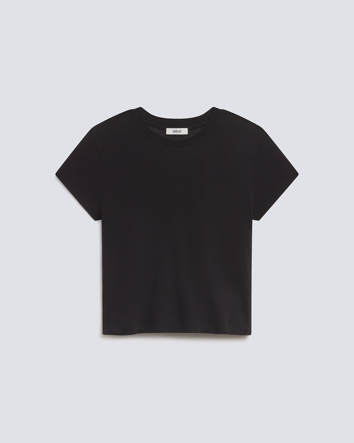 A black short-sleeve cropped t-shirt with a crew neck, laid flat against a light gray background.