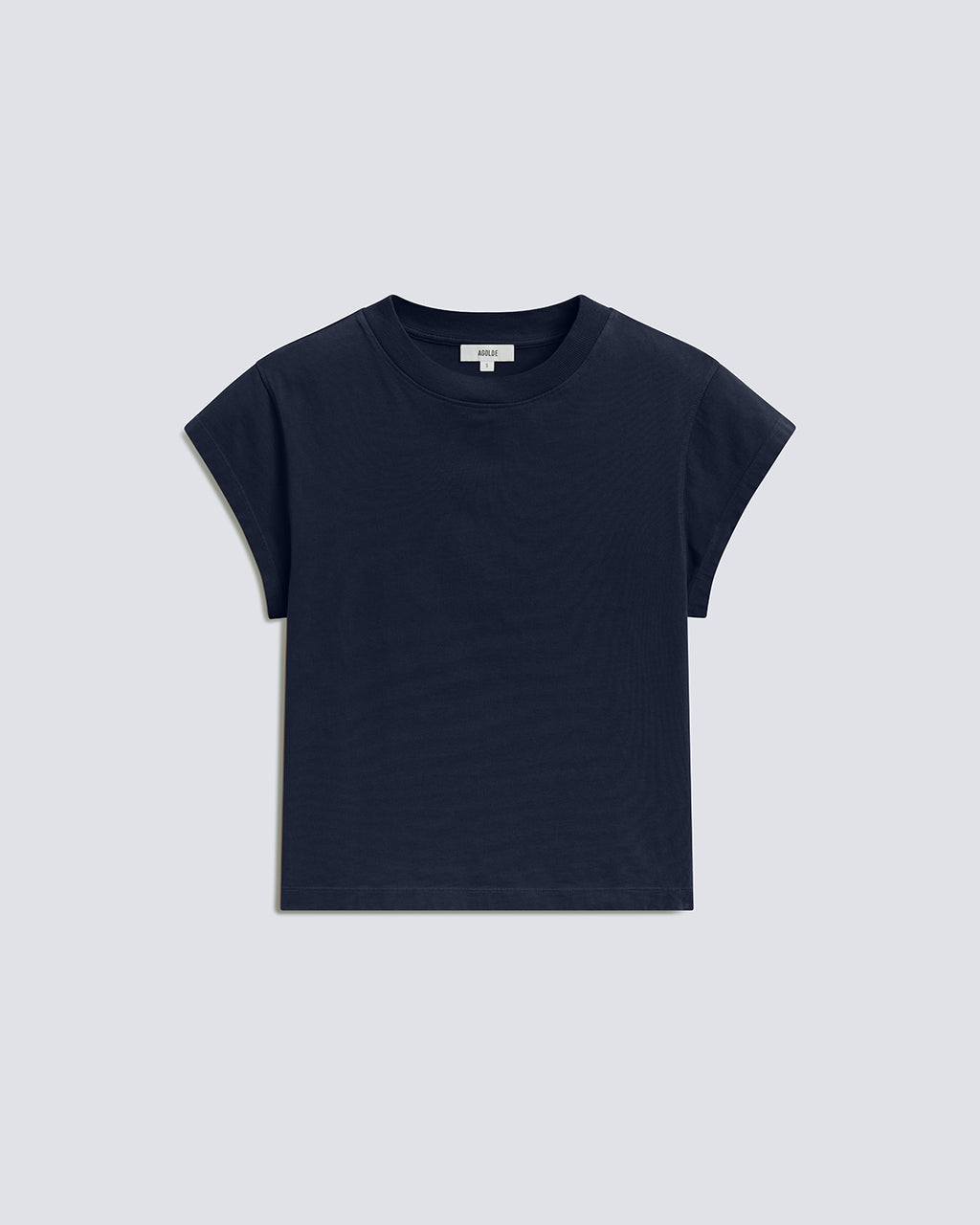 A dark navy blue short-sleeve crewneck t-shirt laid flat against a light gray background.