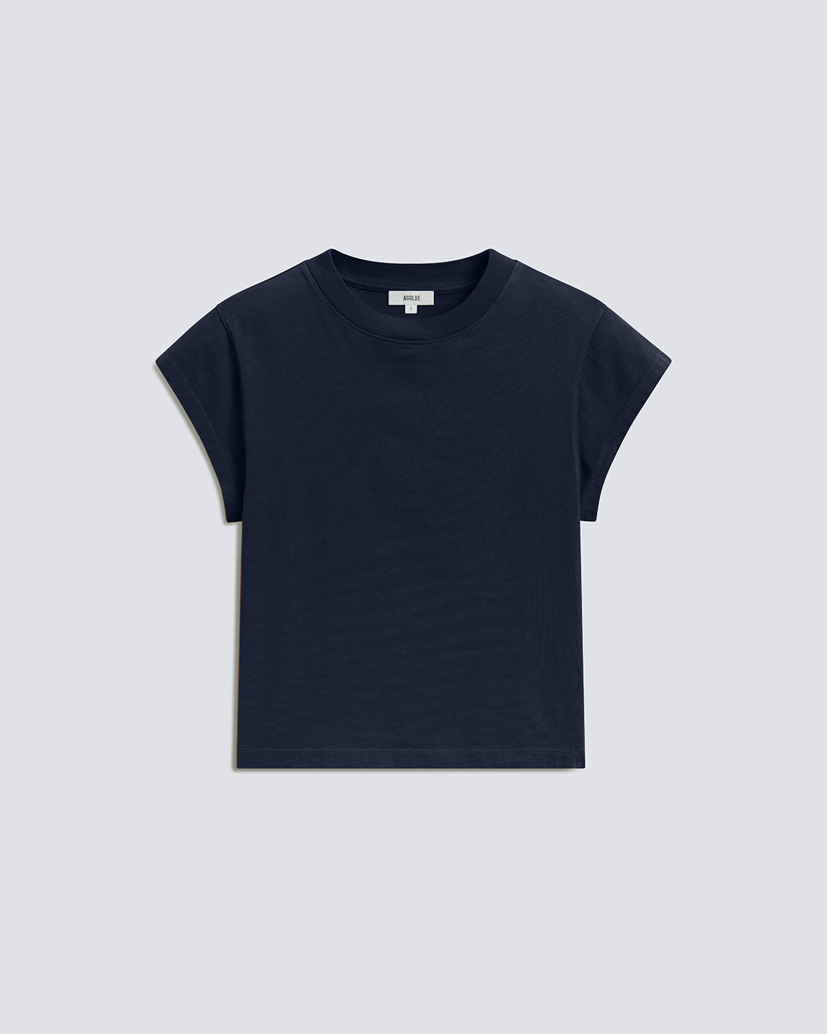 A dark navy blue short-sleeve crewneck t-shirt laid flat against a light gray background.