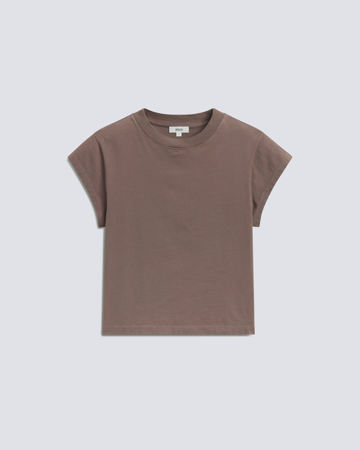 A short-sleeve crewneck t-shirt in a muted taupe-brown color, displayed flat against a light gray background.