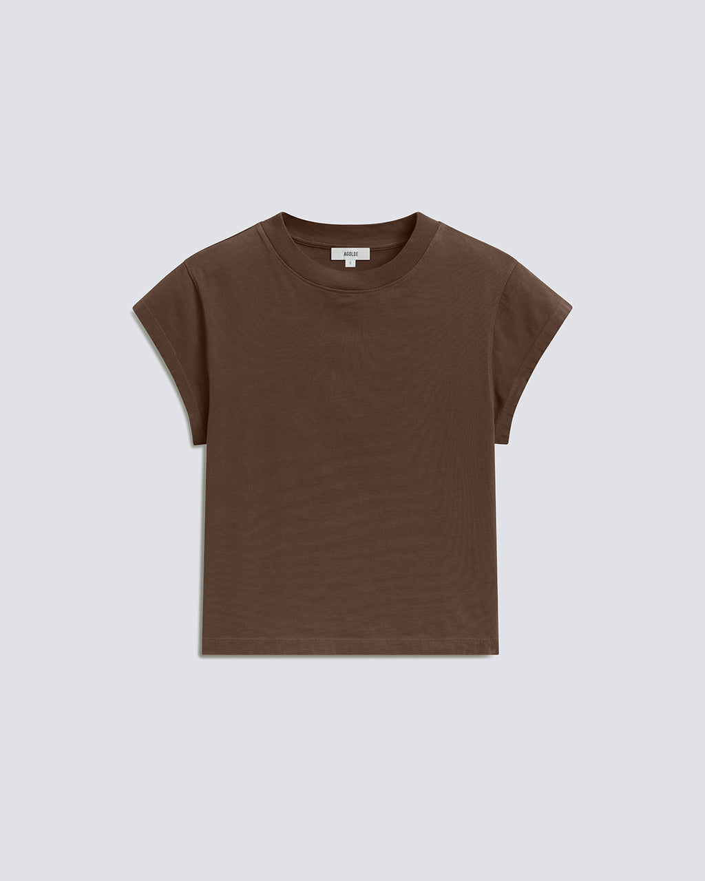 A brown short-sleeve crewneck t-shirt laid flat against a light gray background.