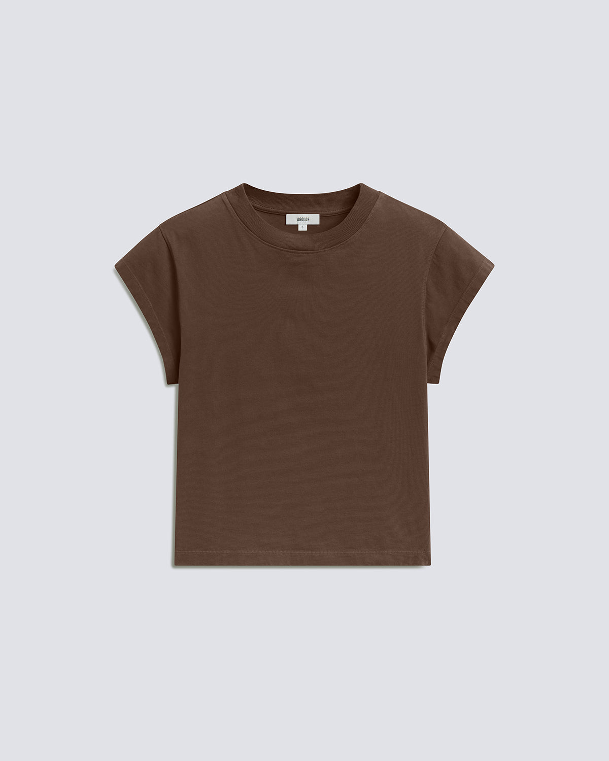A brown short-sleeve crewneck t-shirt laid flat against a light gray background.