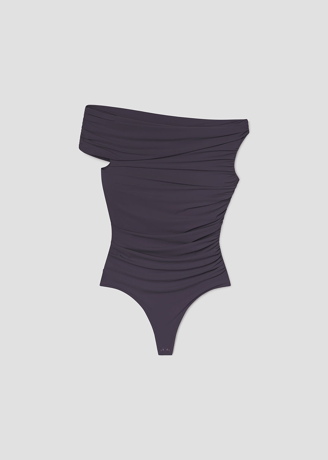 Dark purple off-shoulder swimsuit on a light gray background
