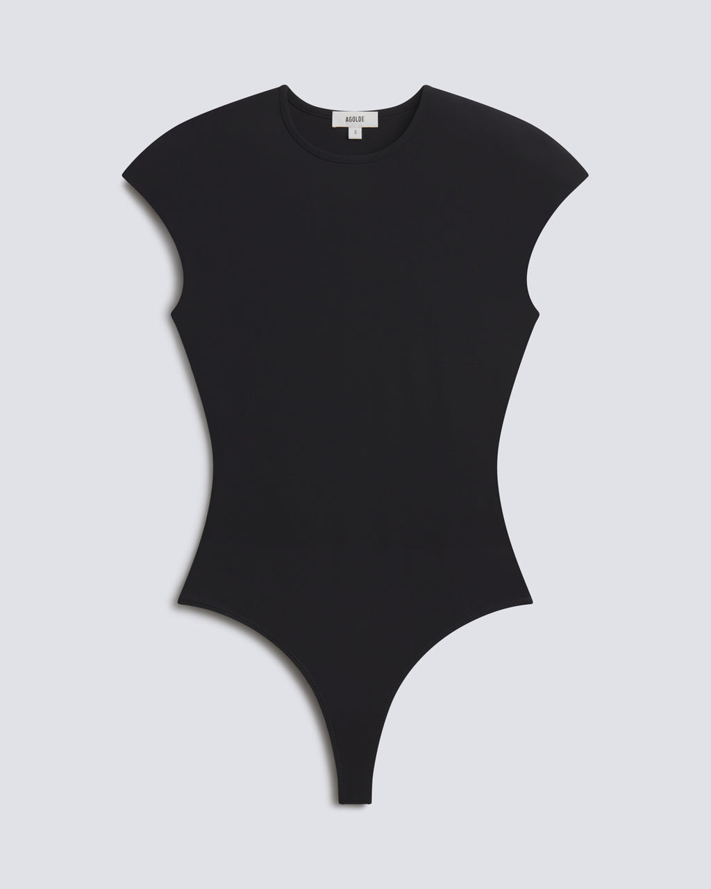 A black sleeveless bodysuit with a crew neck and asymmetrical cutout details, displayed flat against a light gray background.
