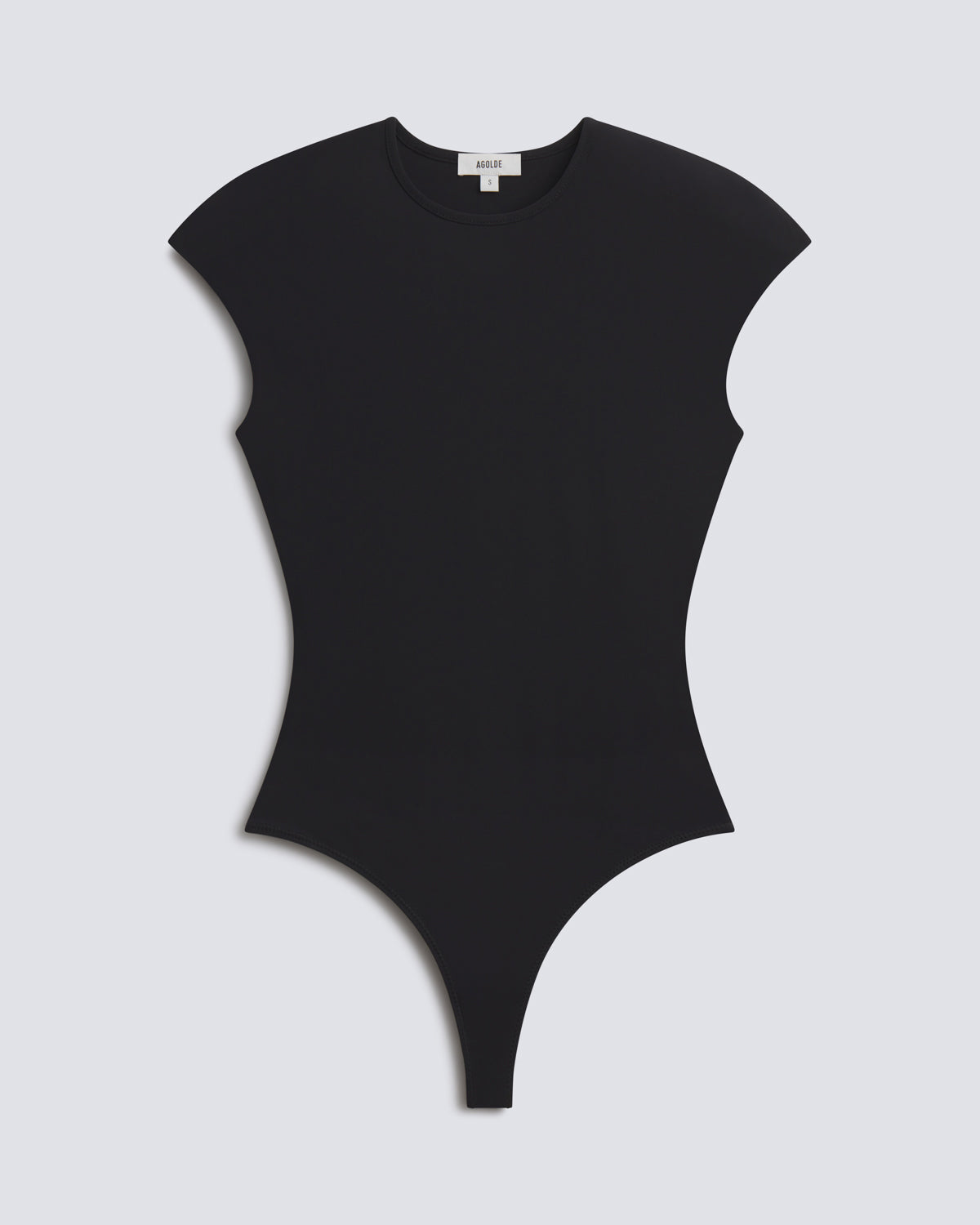 A black sleeveless bodysuit with a crew neck and asymmetrical cutout details, displayed flat against a light gray background.