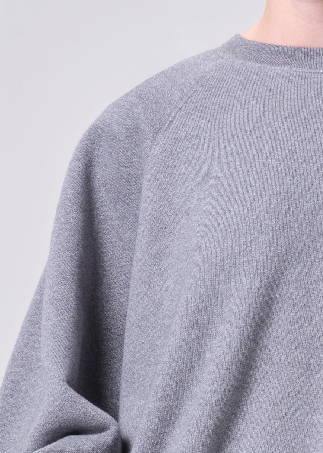 Gray sweatshirt worn by a person on a light gray background