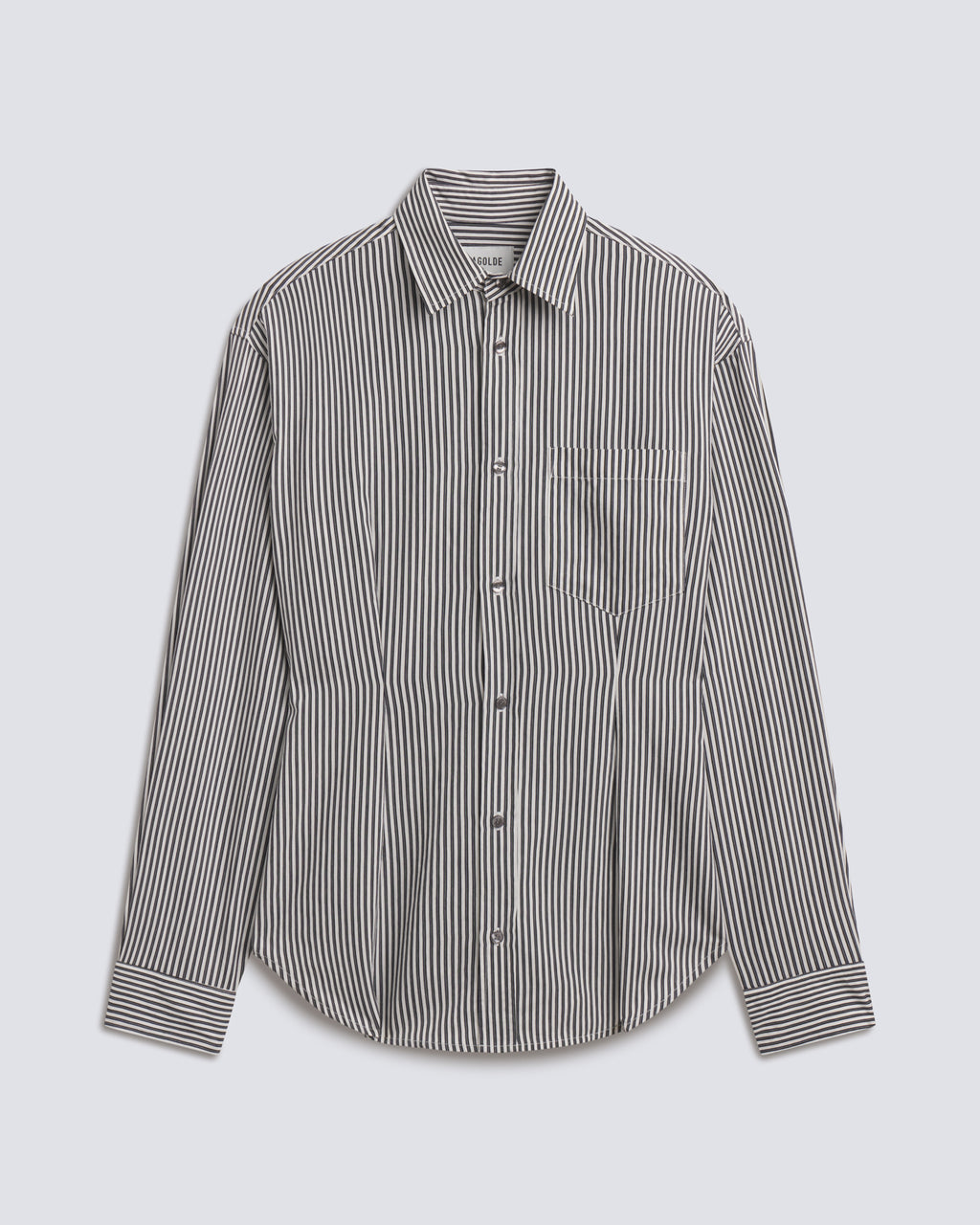 A long-sleeve button-up shirt with a fine vertical stripe pattern in black and white, displayed flat against a light gray background.