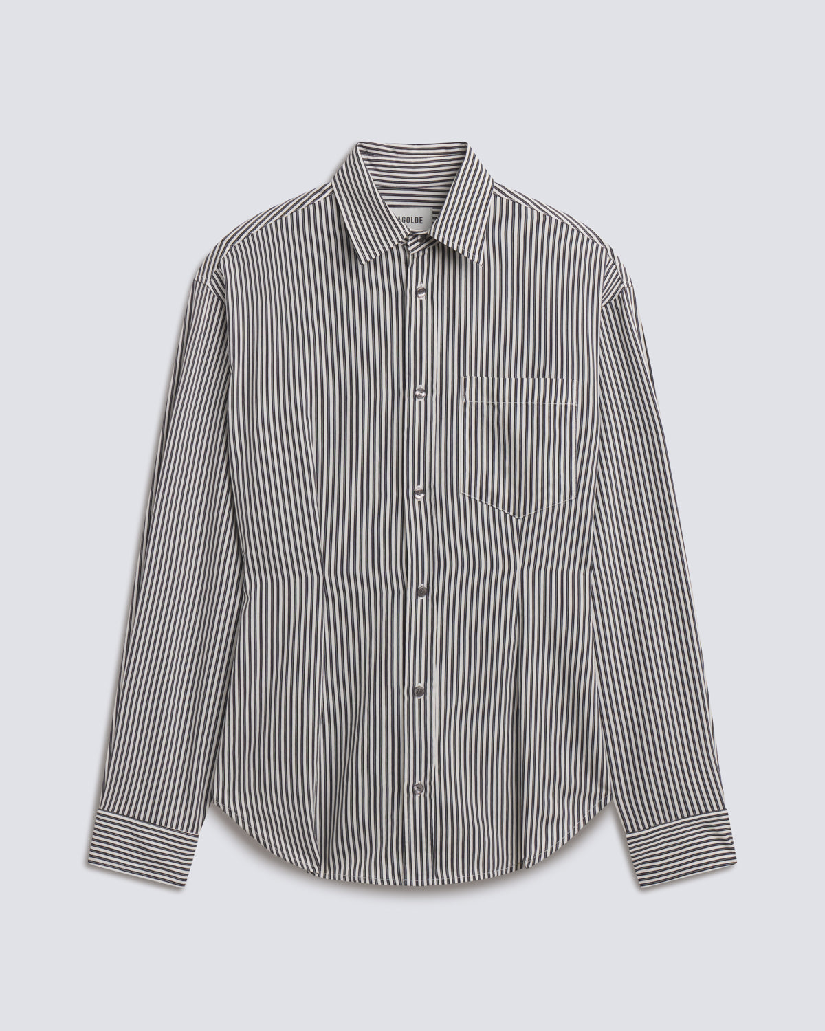 A long-sleeve button-up shirt with a fine vertical stripe pattern in black and white, displayed flat against a light gray background.