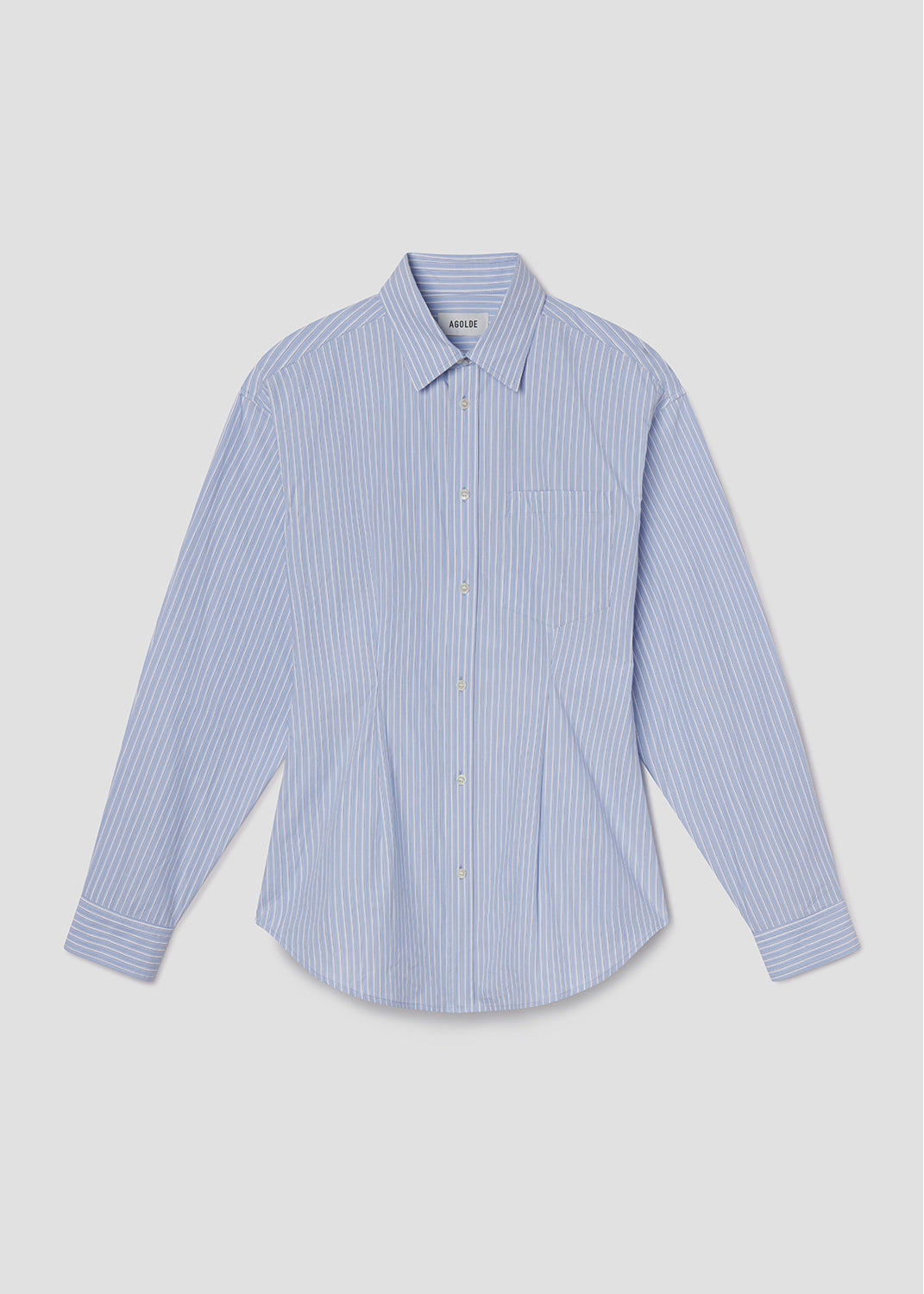 Blue striped shirt on a light gray background