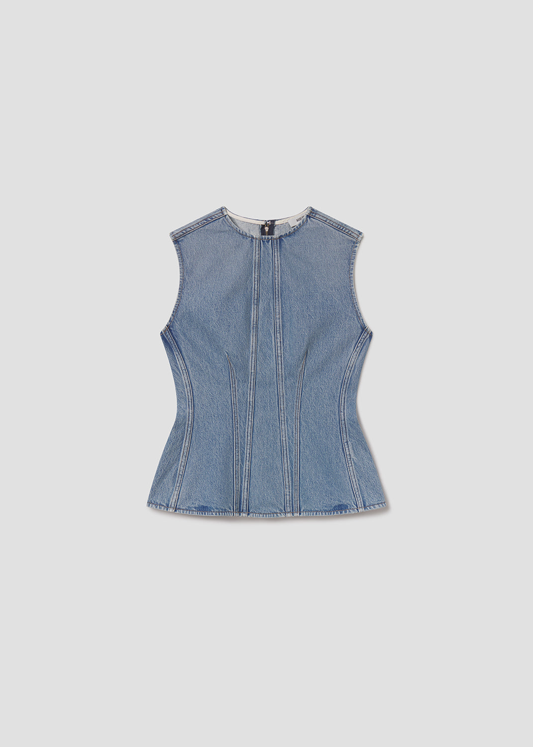 Denim sleeveless top on a light gray background