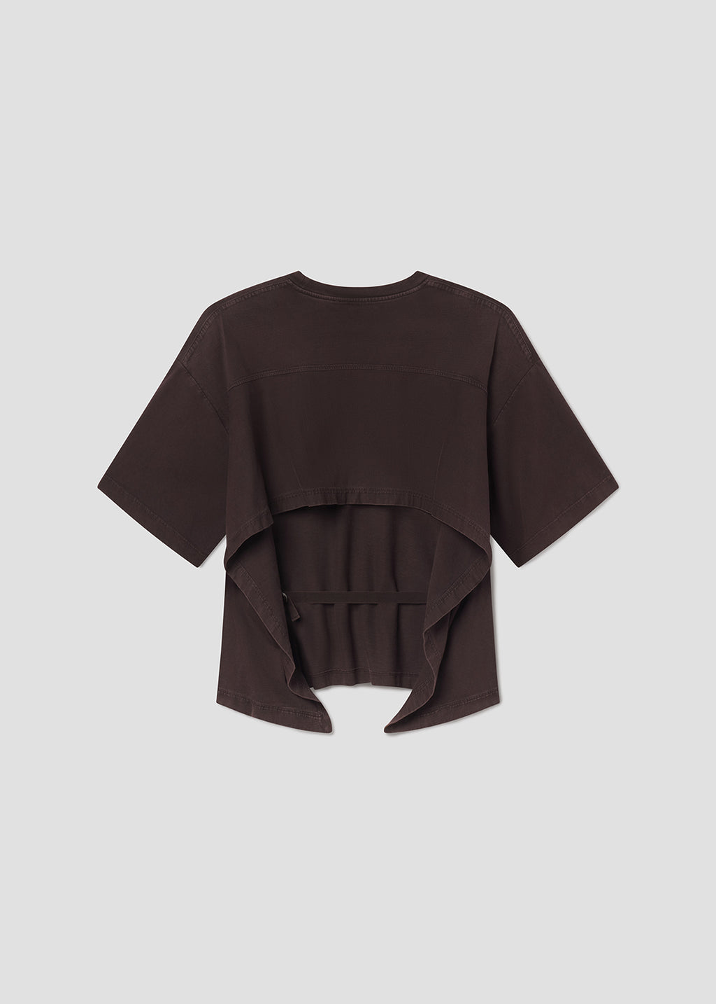 Dark brown t-shirt with open back on a grey background
