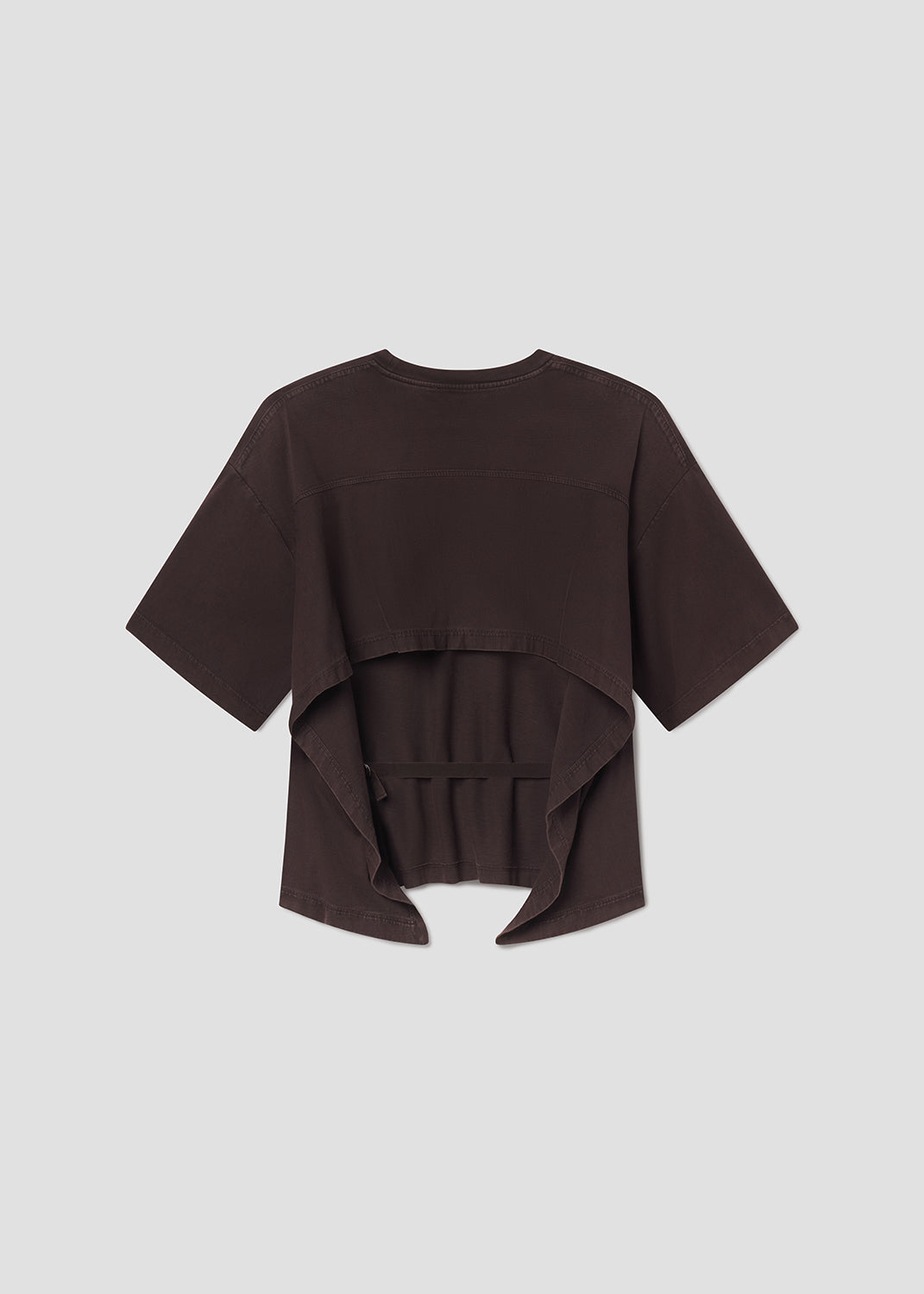 Dark brown t-shirt with open back on a grey background