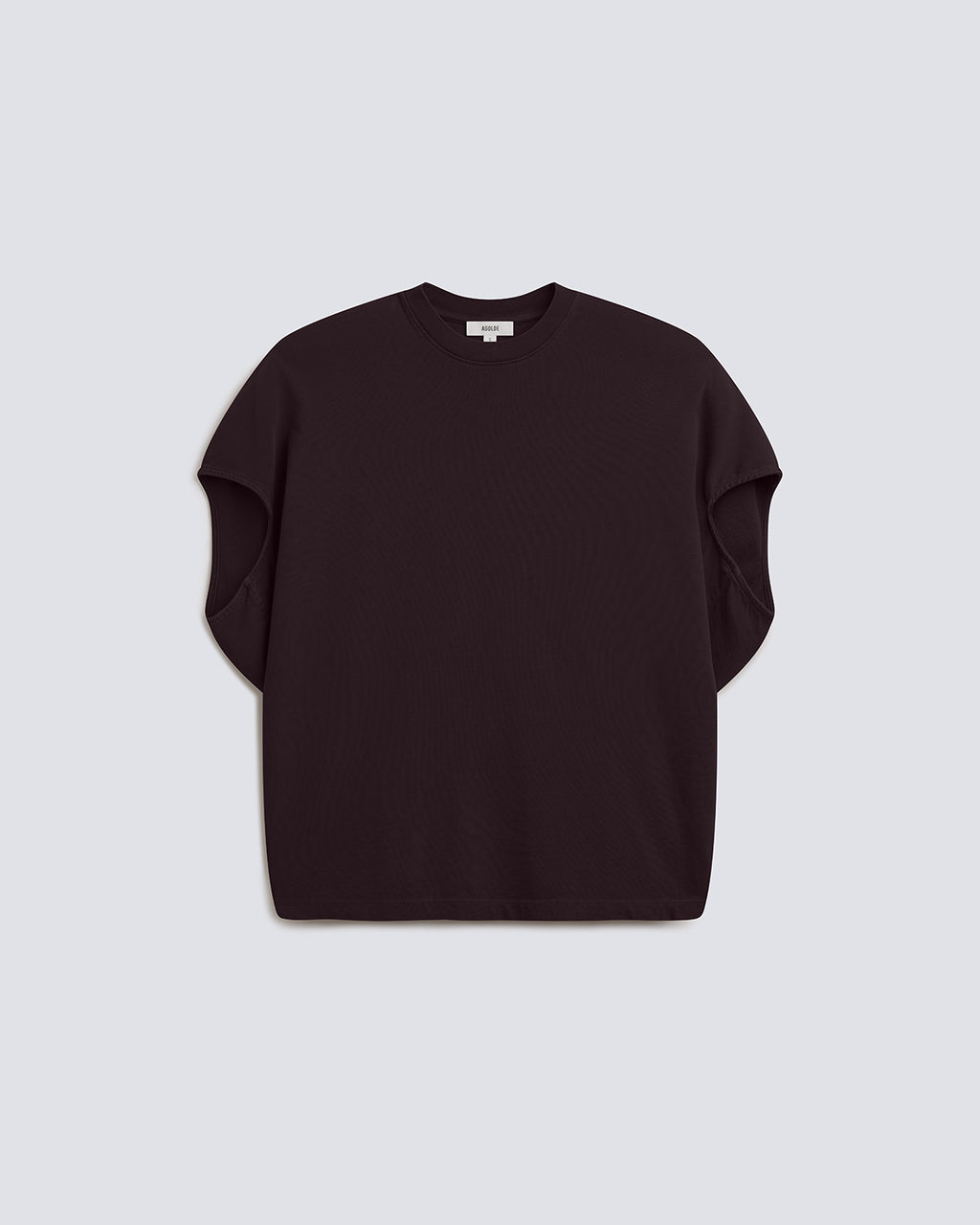 A dark plum-colored short-sleeve knit top with a crew neck, laid flat against a light gray background.