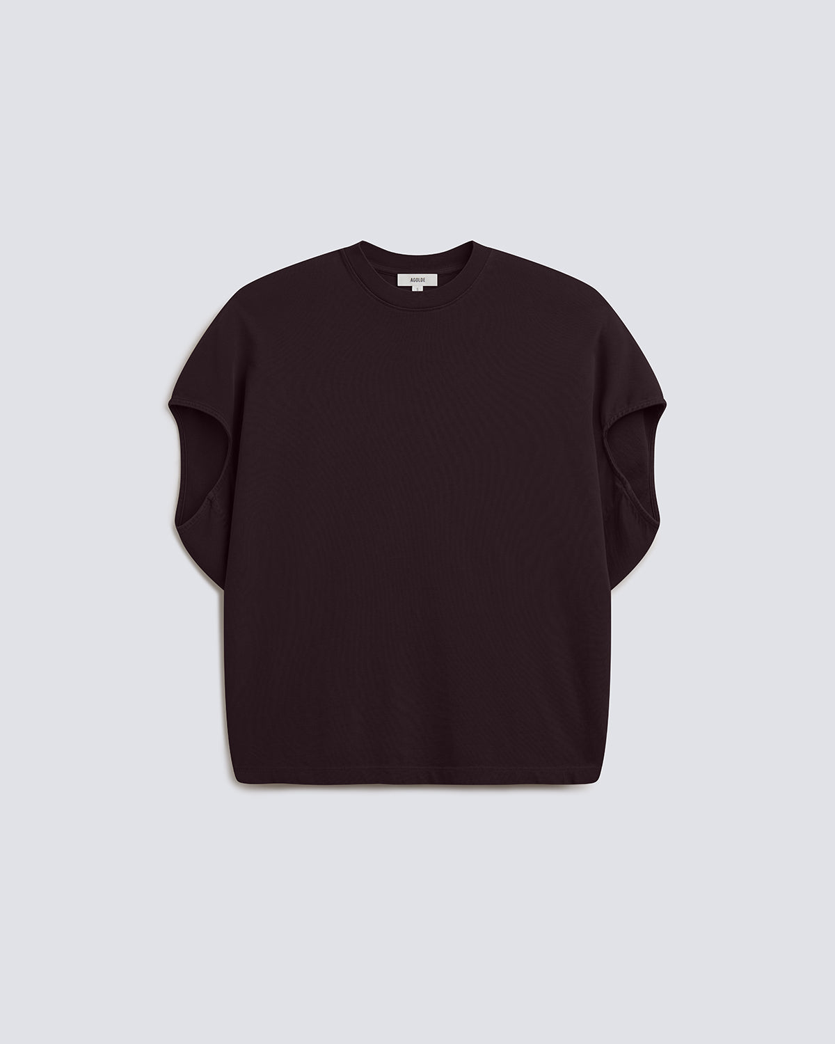 A dark plum-colored short-sleeve knit top with a crew neck, laid flat against a light gray background.